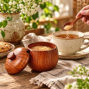 Könnte beinhalten: Eine runde Zuckerdose aus Holz mit passendem Deckel und einer satten braunen Holzmaserung. Die Dose ist mit braunem Kristallzucker gefüllt, und ein kleiner Holzlöffel streut Zucker in eine gesprenkelte Teetasse aus Keramik.