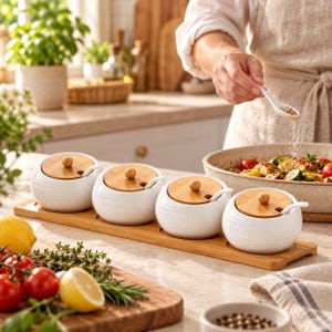 Peut inclure: Un ensemble de quatre pots à épices en céramique blanche avec des côtés texturés, chacun doté d'un couvercle rond en bambou avec un petit bouton et d'une cuillère en céramique blanche assortie sur un plateau rectangulaire en bambou.