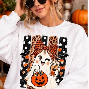 Cute Halloween Ghost PNG, Preppy Leopard Bow Ghost, Pumpkin Spice Ghost PNG, Girly Boo Halloween Sublimation Design