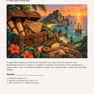Puede incluir: Una hoja de juego imprimible titulada Operação Maré O baú das histórias para edades de 8 a 11 años. Incluye una ilustración de un cofre del tesoro de madera abierto con mapas enrollados y una brújula en una playa tropical al atardecer.