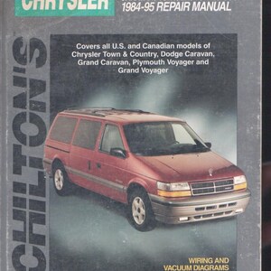 May include: A Chilton's repair manual for 1984-95 Chrysler, Caravan, Voyager, and Town & Country vehicles. The cover features a maroon minivan, the text (8155) 20300, and notes that it covers U.S. and Canadian models, including wiring and vacuum diagrams.