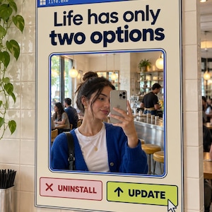 Puede incluir: Un espejo de pared rectangular diseñado para parecer una ventana de computadora con el texto 'life.exe' en la parte superior. Presenta el texto en negrita 'Life has only two options' sobre una superficie reflectante, con botones 'UNINSTALL' y 'UPDATE'.