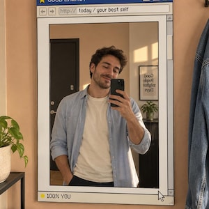 Puede incluir: Un espejo de pared rectangular diseñado para parecerse a una ventana de navegador de computadora antigua. El marco presenta un encabezado azul con una estrella amarilla y el texto GOOD ENERGY, una barra de URL con http:// today / your best self y un pie de página con 100% YOU.