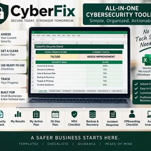 Puede incluir: Un portátil que muestra una hoja de cálculo del kit de herramientas de ciberseguridad CyberFix con una puntuación de 74/100. La interfaz incluye secciones para cuentas, dispositivos, datos, copias de seguridad y preparación ante incidentes.