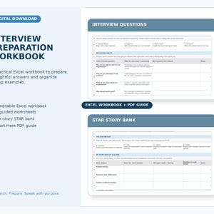 May include: An interview preparation workbook digital download featuring an Excel workbook and PDF guide. The layout includes sections for interview questions and a STAR story bank with tables for organizing answers, evidence, and status tracking.