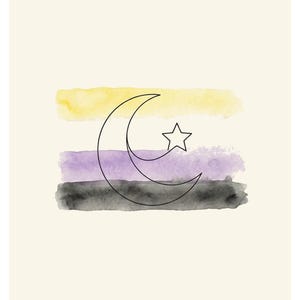 Pode incluir: Uma impressão de arte retangular com três pinceladas horizontais de aguarela em amarelo, roxo e preto. Ao centro, um fino desenho de linha preta apresenta uma lua crescente e uma estrela de cinco pontas sobre um fundo creme.
