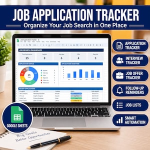 May include: A laptop displaying a Job Application Tracker spreadsheet with a dashboard, pie chart, and bar graph. To the right are blue buttons labelled Application Tracker, Interview Tracker, Job Offer Tracker, Follow-up Reminders, Job Lists, and Smart Automation.