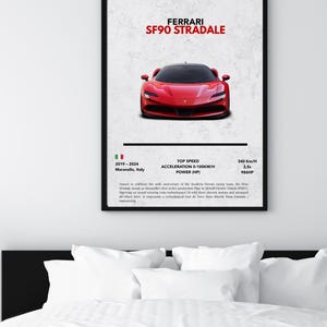 May include: A framed wall poster featuring a red Ferrari SF90 Stradale car centered on a white background. The text includes the car model, performance specifications like 340 Km/H top speed, 2.5s acceleration, 986HP, and a descriptive paragraph.