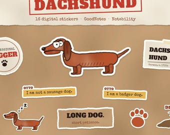 Otto Dachshund Digital Stickers, Breed Tales Series, GoodNotes Planner (16 PNG)