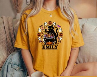 Personalized Halloween Cat Shirt, Witchy Black Cat Lover Gift (Custom Name)