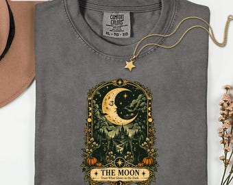 The Moon Tarot Card Shirt, Vintage Witchy Cat Tee, Gothic Halloween Shirt, Occult Gift