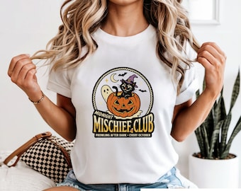 Retro Black Cat Halloween Shirt, Midnight Mischief Club Tee, Spooky Season Graphic Gift