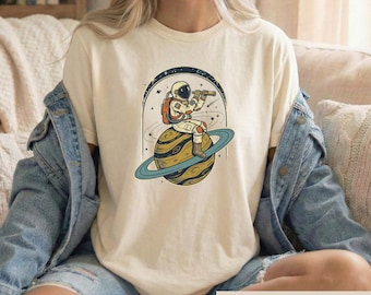 Retro Astronaut Planet Tee, Vintage Sci-Fi Graphic, Halftone Space Explorer Shirt