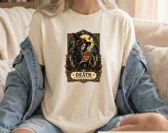 Death Tarot Witch Shirt, Gothic Halloween Skeleton Tee, Spooky Season Graphic Tshirt