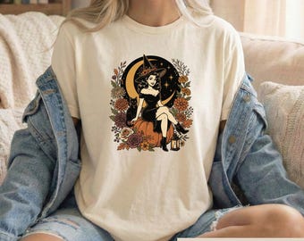 Vintage Pinup Witch Shirt, Halloween Pumpkin Tee, Retro Witchy Cat Graphic, Spooky Fall Gift