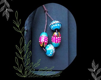 Turquoise Magenta Polka Dot Painted Polymer Bead Mix/12-16mm/DIY Boho Beading/#10/Pkg. 4