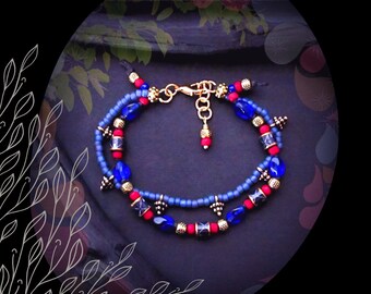 Bohemian Gypsy Style Beaded Charm Bracelet )( Cobalt Blue Red Gold