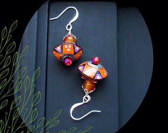 Tribal Stripe Polymer Saucer Bead Drop Earring/Orange Cherry Lilac Black Silver/#4