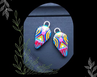 Blue Yellow Tribal Painted Earring Charm Pair/DIY Boho Earring Making/#3/Pkg. 2