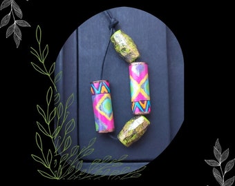 Pink Lime Painted Paper Tribal Bead Mix/DIY Bohemian Beading/#2/Pkg. 4