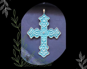 Turquoise Brass Verdigris Cross Pendant/DIY Boho Necklace Making/Pkg. 1