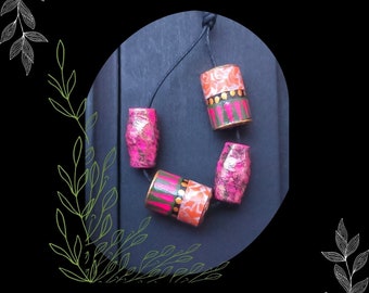 Pink Orange Painted Paper Floral Bead Mix/DIY Bohemian Beading/#2/Pkg. 4