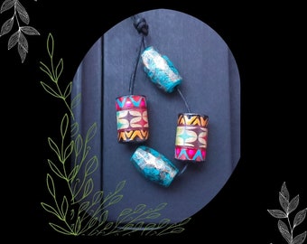 Blue Red Painted Paper Tribal Bead Mix/DIY Bohemian Beading/#3/Pkg. 4