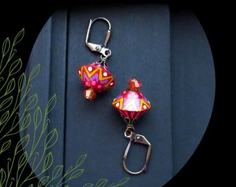 Chevron Stripe Polymer Bicone Bead Drop Earring/Red Pink Yellow Lilac Brass/#7