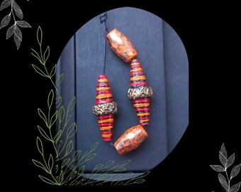 Orange Red Painted Paper Tribal Bead Mix/DIY Bohemian Beading/#1/Pkg. 4