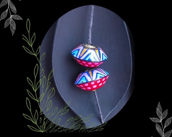 Red Blue Tribal Painted Polymer Saucer Bead/DIY Boho Earring Making/#4/Pkg. 2