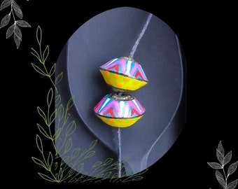 Lime Pink Tribal Painted Polymer Saucer Bead/DIY Boho Earring Making/#3/Pkg. 2