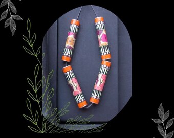 Orange Pink Floral Bohemian Paper Thin Tube Bead/1 Inch/DIY Bohemian Beading/#3/Pkg. 4