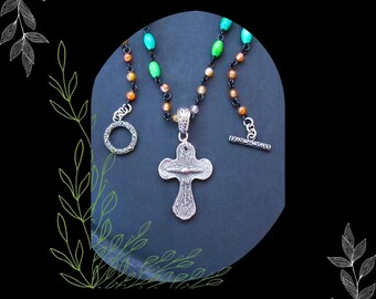 Rustic Green Orange Pewter Cross Beaded Link Necklace/Bohemian Jewelry Gift