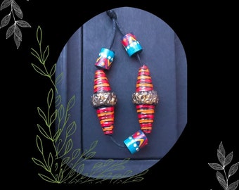 Red Blue Striped Painted Paper Bead Mix/DIY Bohemian Beading/#1/Pkg. 5