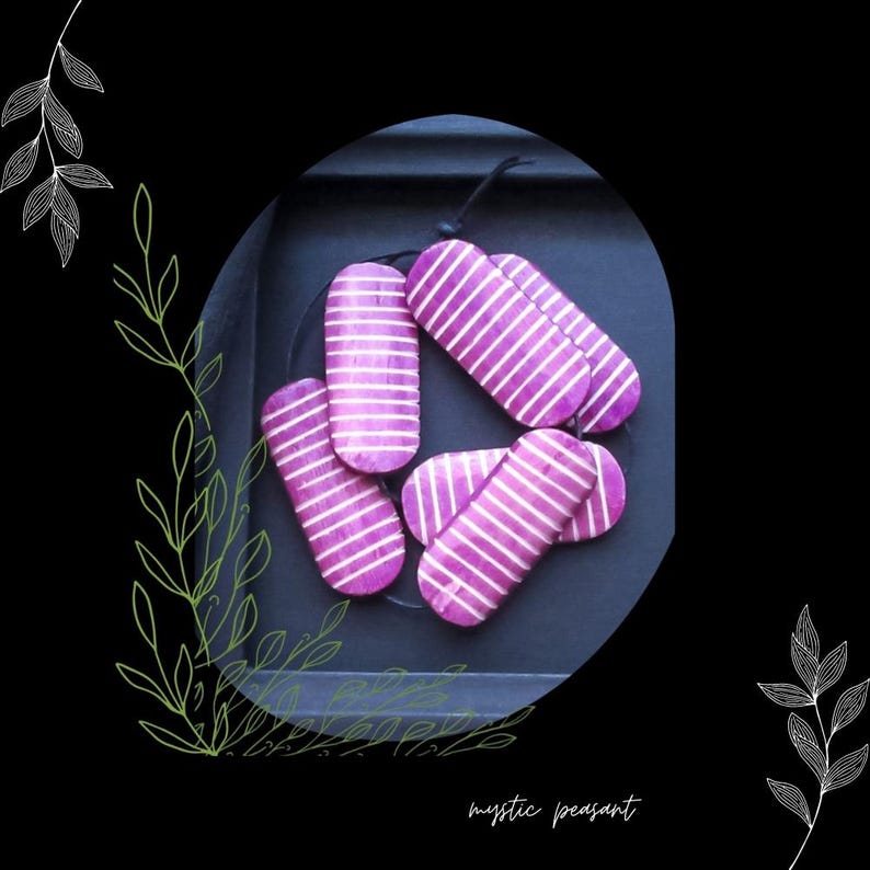 Bone Bead/tribal Purple White Striped Flat Oval Focal Bead/diy Beading