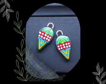 Green Blue Tribal Painted Polymer Earring Charm Pair/DIY Earring making/#2/Pkg. 2