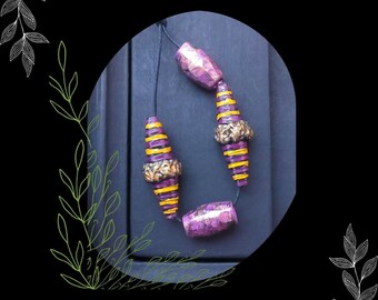 Purple Yellow Striped Painted Paper Bead Mix/DIY Bohemian Beading/#3/Pkg. 4