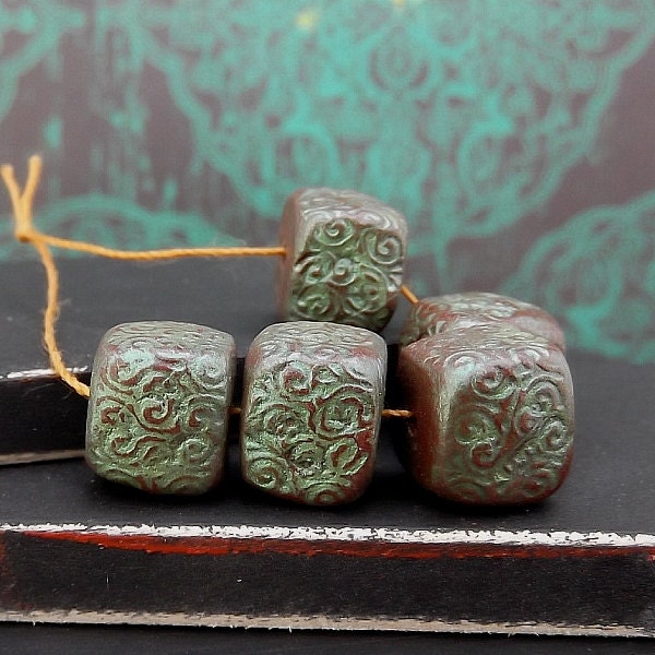 Patina Green Fancy Scroll Polymer Cube Bead - Handmade - Metallic Patina Bead - Chocolate Brown Spring Green - 11mm - Pkg. 5