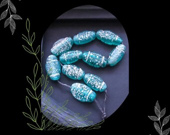 Turquoise Beige Primitive Java Glass Oval Bead/DIY Boho Beading/Pkg. 10