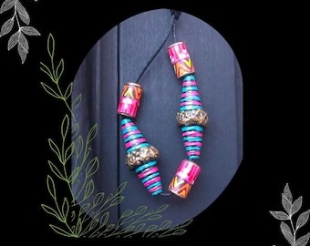 Blue Pink Painted Paper Tribal Bead Mix/DIY Bohemian Beading/#2/Pkg. 4