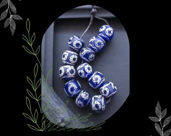 Cobalt White Floral Java Glass Round Bead/DIY Bohemian Beading/Pkg. 12