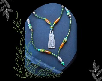Earthy Green Orange Beaded Cord Slip On Necklace/Bohemian Woman's Gift