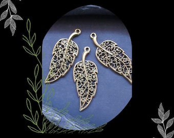 Antique Brass Filigree Leaf Pendant Charm/DIY Boho Jewelry Making/Pkg. 6