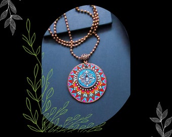 Brown Blue Mandala Paper Pendant With Ball Chain Necklace/24 Inch/Bohemian Jewelry Gift/#2