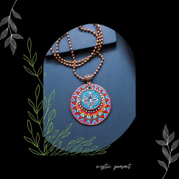 Brown Blue Mandala Paper Pendant With Ball Chain Necklace/24 Inch/Bohemian Jewelry Gift/#2