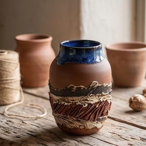 Könnte beinhalten: Eine Vase aus Terrakotta mit einem tiefblauen glasierten Rand und einem strukturierten, geschichteten Mittelteil mit dunkelbraunen und cremefarbenen Tonreliefmustern. Die Vase hat einen glatten, matten unteren Teil und eine weite, offene runde Öffnung.