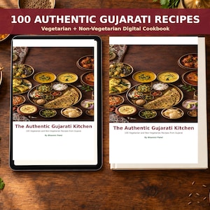 Può includere: Un tablet digitale e un libro fisico che mostrano la copertina di The Authentic Gujarati Kitchen, 100 Vegetarian and Non-Vegetarian Recipes from Gujarat di Bhamini Patel, con una fotografia di un pasto indiano tradizionale.