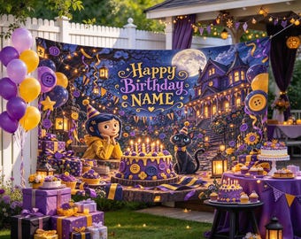 Bannière d'anniversaire Coraline personnalisée, tapisserie gothique personnalisée avec nom, décor de maison en boutons, décoration chat noir