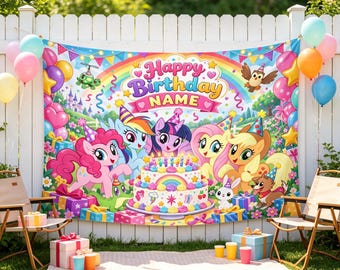 Pancarta personalizada de cumpleaños de My Little Pony, telón de fondo personalizado para fiestas con nombre, tapiz de poliéster arcoíris para la decoración de cumpleaños infantiles.
