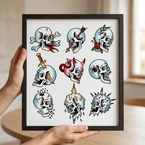 Trad Skulls Flash Sheet - Wooden Framed Poster 12 x 12 inches